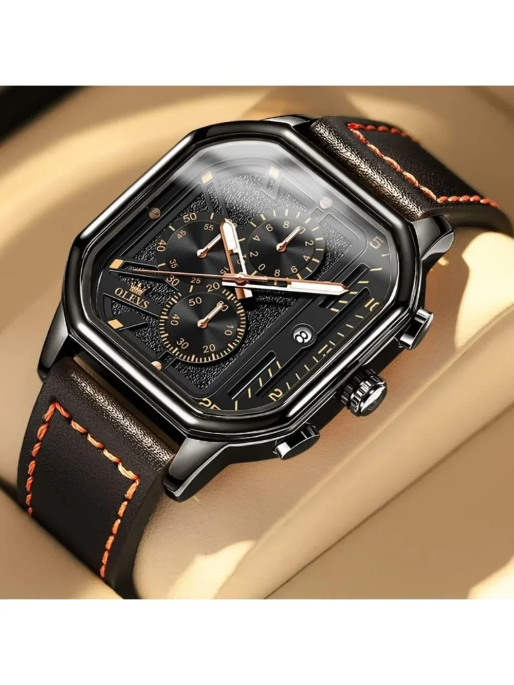 Men's Black Quartz Leather Strap Waterproof Casual Trendy Square Dial Watch